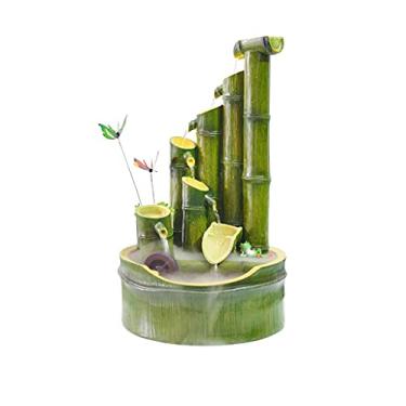Imagem de FKJLUN Fonte de água de mesa, fonte de água fluida, forma de bambu simples criativa com roda d'água rolante, decoração de casa sorte, umidificador interno, decoração relaxante, fonte de cachoeira