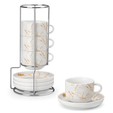 Imagem de MALACASA Conjunto de 4 copos de café expresso de porcelana de 227 g com pires e suporte de metal, mármore branco