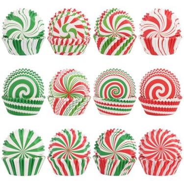 Imagem de Qumenan Pacote com 600 forros de cupcake de doces de Natal, copos de panificação, papel de Papai Noel, forros de muffin para festa de aniversário, decoração de bolos de doces (12 estilos)