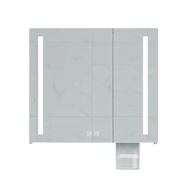 Imagem de Armário de espelho de banheiro armário de espelho montado na parede com prateleiras armazenamento luz de preenchimento adequado para banheiro banheiro banheiro estilo simples (tamanho: 75 * 65 cm/29,5