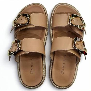 Imagem de RAMARIM Sandália Papete Feminina, Plataforma 2.5cm, Fivelas Douradas, Material Sintético, Casual Moderna (CAQUI, BR, Adulto, Numérico, 39)