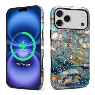 Imagem de CARLOCA Compatível com capas para iPhone 17 Pro Max 2 em 1 de silicone brilhante para MagSafe oferece proteção abrangente para iPhone 17 Pro Max com design de sol e ondas do mar de vidro manchado