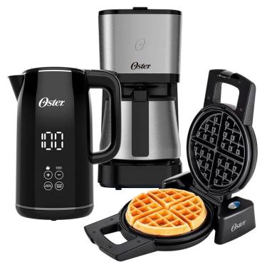 Imagem de Kit Black Inox Oster - Cafeteira Chaleira Digital E Máquina De Waffle 220V