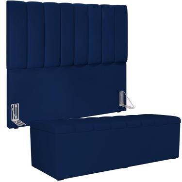 Imagem de Kit Cabeceira Cama Box Casal 140cm Calçadeira Recamier Baú Dália W01 Facto Azul Marinho - Lyam Decor