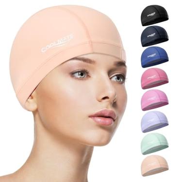 Imagem de COOLMATE Touca de natação de tecido para adultos mulheres homens crianças 3 4 6 8 14 16, camada de silicone resistente à água, touca de natação de tecido presentes para nadadores, leve para piscina