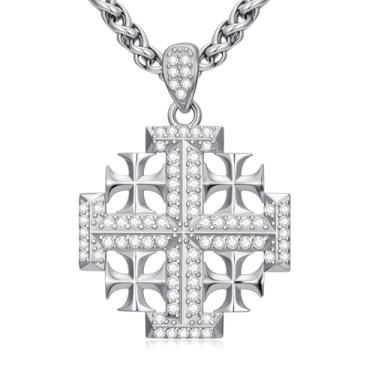 Imagem de Lattd Colar com cruz de Jerusalém, prata esterlina 925, joia cristã para homens, com corrente de aço inoxidável 55 cm + 5 cm, one size, Prata esterlina, Sem Pedra Preciosa