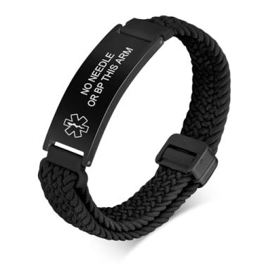 Imagem de VNOX Pulseira de identificação de alerta médico para homens e mulheres, pulseira ajustável personalizável de corda elástica de sobrevivência de emergência com etiqueta de substituição, Sem Pedra