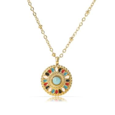 Imagem de Made by Nami Colar feminino com pingente de mandala Sunburst, banhado a ouro, corrente ajustável com centro turquesa, colorido, boêmio, medalhão, joia delicada, presente, Adjustable, Aço inoxidável