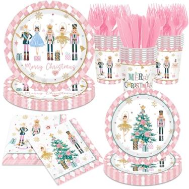 Imagem de pratos e guardanapos rosa de Feliz Natal, talheres de Natal