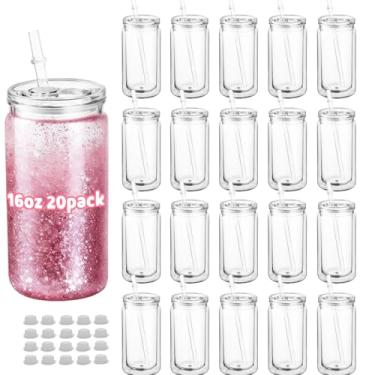 Imagem de Cuguords Pacote com 20 copos de globo de neve a granel de 473 ml com tampas, canudos e plugues, copos de plástico acrílico de parede dupla, suprimentos de copo de globo de neve faça você mesmo com