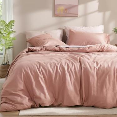 Imagem de Cozaline Conjunto de edredom queen 100% algodão – vermelho, rosa, textura semelhante a linho, super macio e respirável, conjunto de cama leve, 3 peças de percal durável para todas as estações