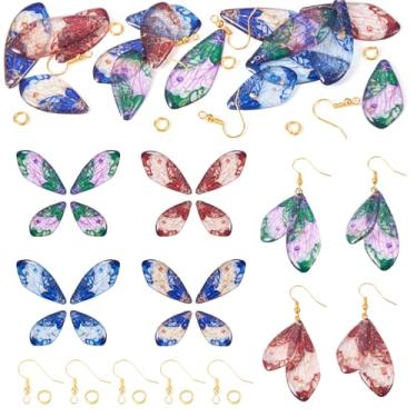Imagem de 4 conjuntos de pingentes brilhantes de resina de asas de animais de inseto com asas de borboleta pingentes de resina com gancho de brinco e anéis de salto para mulheres, brincos pendentes, fabricação