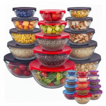 Imagem de Conjunto com 5 Potes de Vidro com Tampa – Vasilhas de Cozinha para Armazenar Alimentos, Marmitas, Micro-ondas, Freezer e Geladeira – Cores Sortidos