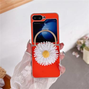 Imagem de Capa para Galaxy Z Flip5, capa de celular com flor fofa e suporte de anel, capas rígidas de couro para meninas (para Galaxy Z Flip5/laranja)