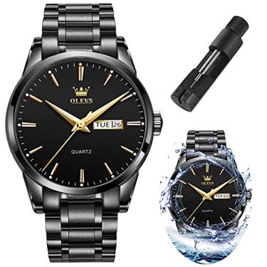 Imagem de OLEVS Relógios dourados de aço inoxidável à prova d'água, modernos, casuais, relógios de ouro para homens, luminosos, fácil leitura, data e dia, relógios analógicos de quartzo (azul profundo/preto/dourado/branco), Preto, aço preto, round