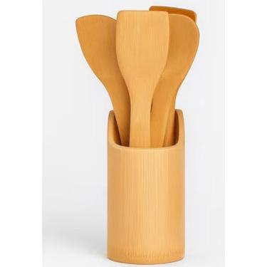 Imagem de ￼Kit Colher De Pau Utensílios Em Bambu 5 (4 talheres + suporte) Peças Anti Fungos Casa Cozinha Talheres