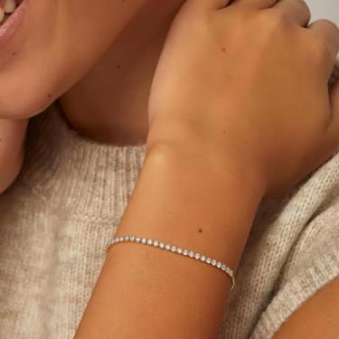 Imagem de Pulseira feminina banhada a ouro 14 K - Pulseira deslizante ajustável clássica de zircônia cúbica, pulseiras hipoalergênicas personalizadas que não mancham, joias modernas de presente de aniversário