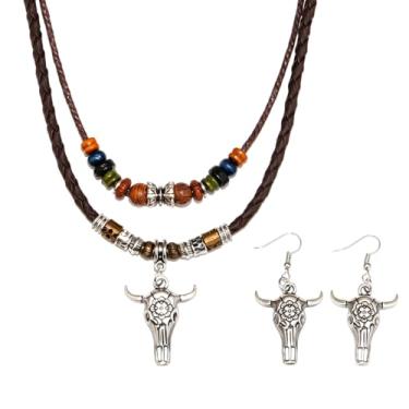 Imagem de ROJEMXVE Conjunto de brincos de contas de madeira em camadas Boho para mulheres, homens, couro de madeira marrom, gargantilha boêmia, joias para presentes, One size, Madeira, Ferro