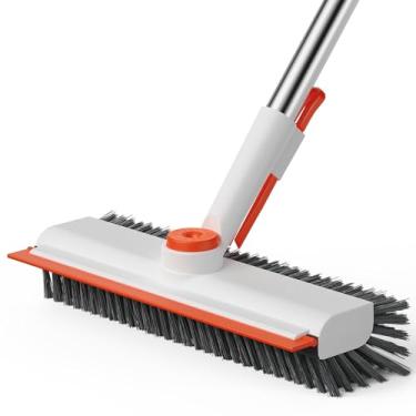 Imagem de AIR U+ Escova de limpeza de chão com cabo longo, 3 em 1 raspagem e cerdas rígidas resistentes para limpeza de chuveiro, banheiro, pátio, garagem, cozinha, parede e deck, branca e laranja
