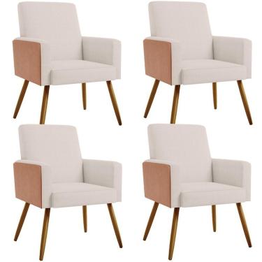 Imagem de Kit 04 Poltronas Pés Palito Linho Cru Couríssimo Camel