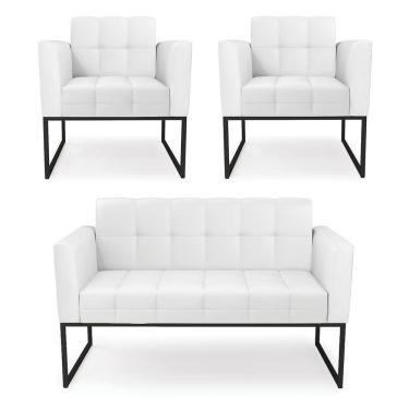 Imagem de Kit 1 Sofá Namoradeira E 2 Poltronas Elisa Corino Branco Base Metálica Industrial Preto - D'rossi