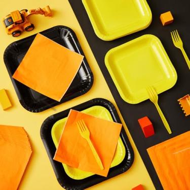 Imagem de Yungyan 96 peças de pratos de papel quadrados de construção, guardanapos e garfos, materiais de festa de aniversário, decoração de jogos, decoração de festa, jogador, sobremesa, conjunto de utensílios