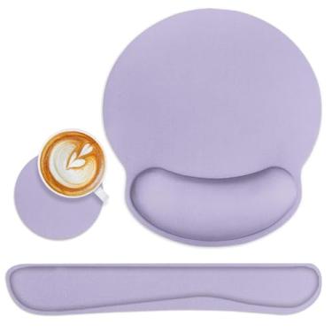 Imagem de Britimes Conjunto de mouse pad ergonômico roxo com descanso de pulso roxo base de borracha antiderrapante suporte de almofada de pulso e porta-copos mousepad com suporte de pulso para teclado de