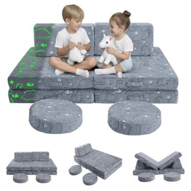 Imagem de MeMoreCool Sofá infantil modular para crianças de 1 a 3 anos, 8 peças, dinossauro que brilha no escuro, conjunto de brinquedo conversível para sala de jogos, forte de construção, sofá de escalada