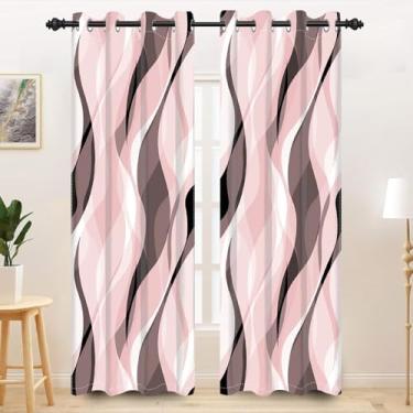 Imagem de TTQYFNM Cortinas de janela rosa rosa claro e marrom abstrato listrado blackout cortinas para quarto sala de estar cozinha ilhós linhas geométricas modernas onduladas tratamentos de janela conjunto de