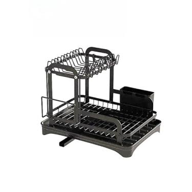 Imagem de Escorredor Organizador de Louças 2 andar Com Guarda Copo Copos Preto Aço Inoxidável Rack ES