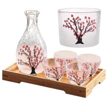 Imagem de Chewtoyo Conjunto de saquê de vidro feito à mão - jarra de saquê elegante estilo japonês e 4 xícaras com aquecedor, ideal para reuniões