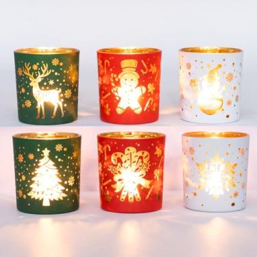 Imagem de Romcanmy Castiçais votivos de Natal, conjunto de 6 castiçais de vidro vermelho verde branco para mesa de centro de mesa de Natal, floco de neve, rena, árvore de Natal, suportes de luz de chá para