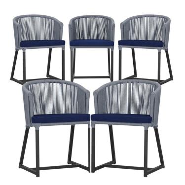 Imagem de 5 Cadeiras De Jantar Noronha Preta Corda Náutica E10 Trama Prata