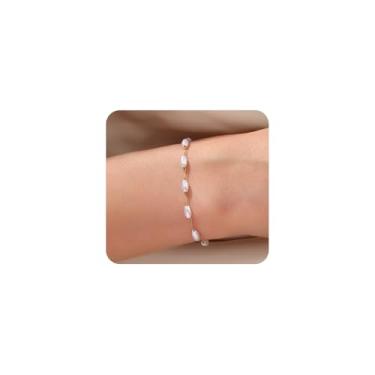 Imagem de Pulseiras femininas modernas de pérolas douradas delicadas em camadas com coração e pérolas, pulseira ajustável com contas de arroz branco, acessórios de joias, Large, Liga metálica, Sem Pedra