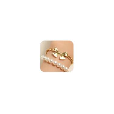 Imagem de Conjunto de pulseiras com laço de pérola empilhadas em camadas para mulheres, pulseira requintada com laço dourado, acessórios de joias elegantes para noivas de casamento, damas de honra, joias, Large