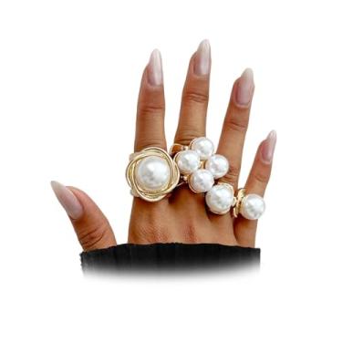 Imagem de Navirix Conjunto de anéis de dedo empilháveis de pérolas volumosas ajustáveis para mulheres em forma de flor, acessórios modernos para festas de formatura e casamento, Large, Liga de aço, Sem pedra
