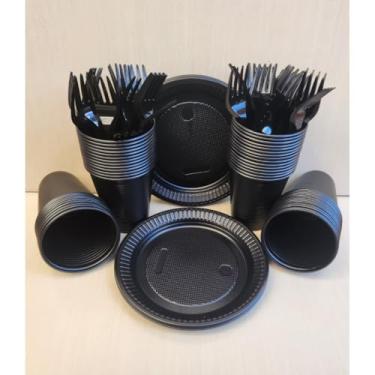 Imagem de Kit Descartável Econômico 150 Itens - Conjunto para Festas com Pratos, Copos e Garfos para Aniversário e Eventos(Preto 150 itens)
