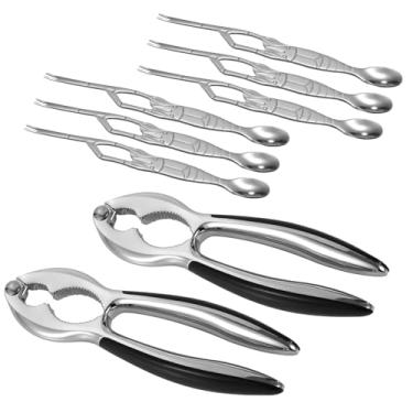 Imagem de Conjunto de 8 ferramentas de frutos do mar, incluindo 2 alicates de bolachas de caranguejo de liga de zinco e 6 conjuntos de colheres e garfos de lagosta de aço inoxidável, conjunto multifuncional de