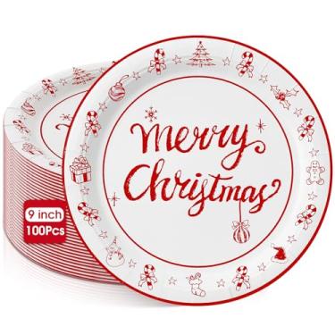 Imagem de Uiifan 100 pratos de Feliz Natal, pratos de papel vermelho, 22,5 cm, descartáveis, utensílios de jantar de sobremesa para Natal, aniversário, casamento, tema de casamento, artigos de festa