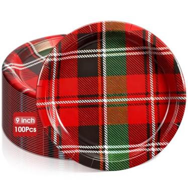 Imagem de Uiifan 100 peças de pratos de xadrez listrados de Natal, pratos de papel verde e vermelho, 22,8 cm, descartáveis, para festas de Natal, aniversário, tema de casamento, artigos de festa