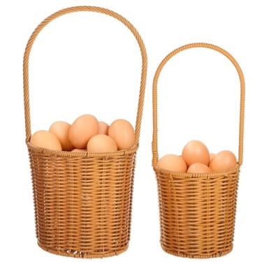 Imagem de Cestas de ovos de vime para fazenda, 2 peças, pequenas e grandes com cabo, cestas de armazenamento tecidas à mão, cesta de coleta de ovos multiuso, armazenamento de ovos, portátil e leve