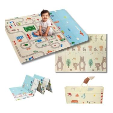 Imagem de Tapete Térmico Infantil Emborrachado Dupla Estampa Tatame Infantil 200x150cm Ursinho e Pista de Carros Cidade Dupla Face Dobrável Atividades Impermeável