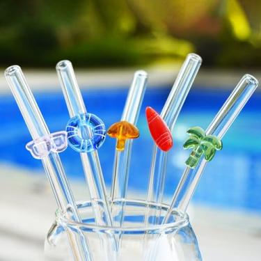 Imagem de Yutrenn Canudos de vidro, transparente com coleção colorida de férias, vidro borossilicato, 20 cm, reutilizável, lavável na lava-louças, coleção de férias, conjunto de 5 peças com escovas de limpeza