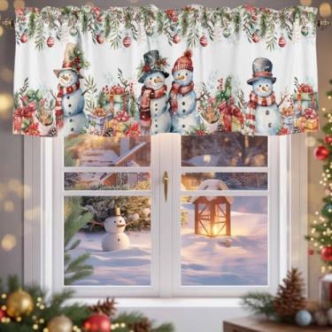 Imagem de Saias de Natal para janelas, bonecos de neve, amigos, bolas de Natal, folhas de poinsétia, cortinas de saia de cozinha para janelas de sala de estar/banheiro, cortina de café com bolso de varão