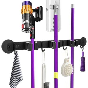 Imagem de joaoxoko Suporte de parede magnético para vassoura – Gancho de esfregão antiderrapante resistente com 4 ganchos e 5 prateleiras, organizador sem ferramentas de perfuração para geladeira, garagem