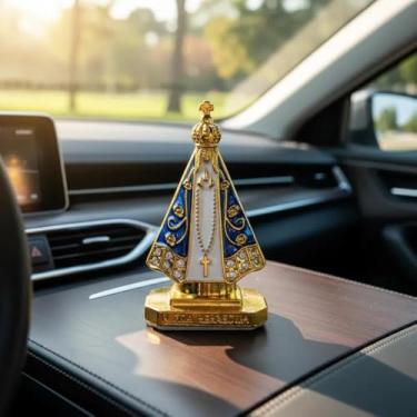 Imagem de Nossa Senhora Aparecida Miniatura para Painel de Carro, Estatueta Dourada com Cristais, Base Adesiva Dupla Face, Decoração Religiosa