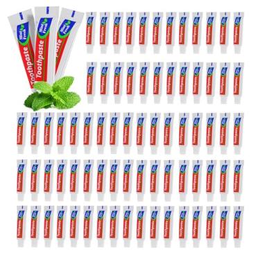 Imagem de HOIQIRY Pasta de dente descartável pequena com 50 tubos, tamanho extra pequeno, pasta de dente descartável, menta, uso único, mini pasta de dente a granel, tamanho de viagem, para hotel, acampamento,