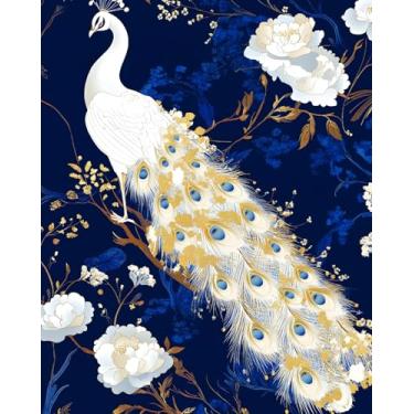 Imagem de Papel de parede de pavão descasque e cole azul escuro chinoiserie e papel autoadesivo com estampa animal branco para banheiro quarto armário vinil impermeável removível fazenda dormitório amigável