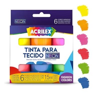 Imagem de Kit 6 Tintas Para Tecido Neon Acrilex 15ml – Cores Vibrantes e Luminosas Para Customização, Moda, Fantasia e Artesanato Têxtil