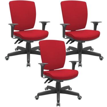 Imagem de Kit 03 Cadeiras Escritório Diretor Office Giratória Preto Alta Flexi P03 Poliéster Vermelho - Lyam